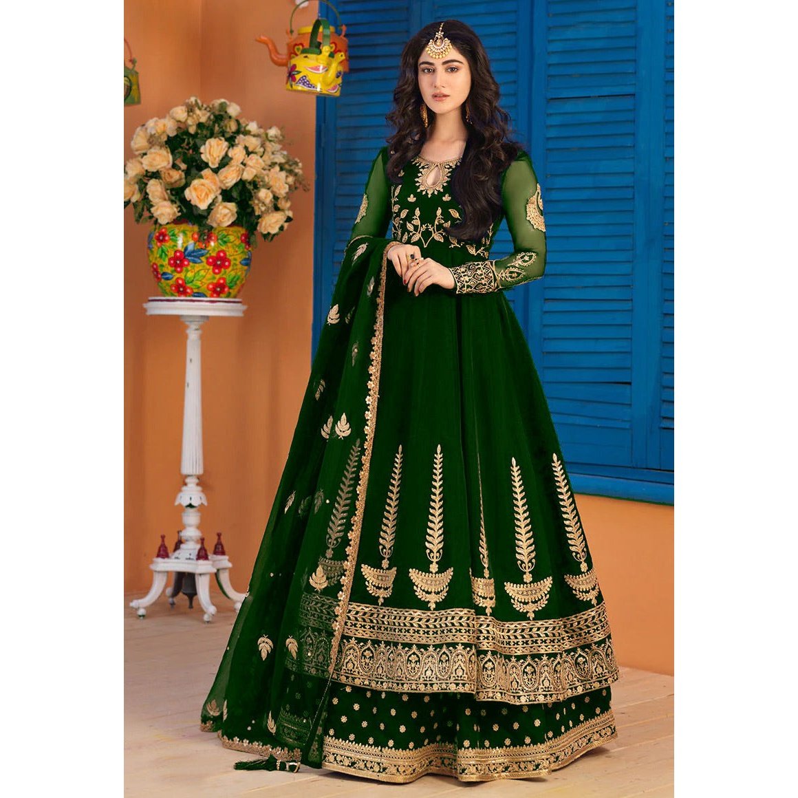 Traditional 3-Piece Maxi, Dupatta, And Trouser With Intricate Embroidery