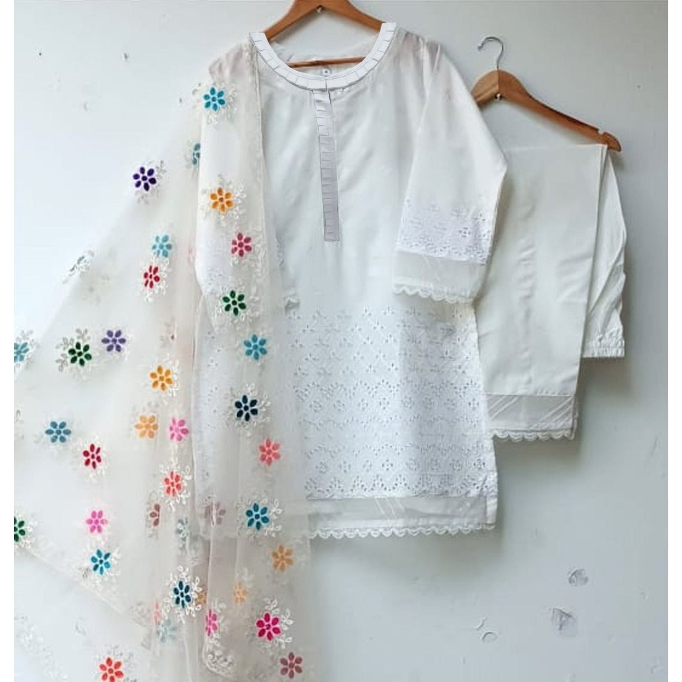 STITCHED EMBROIDERED CHIKANKARI COTTON 3 PIECE