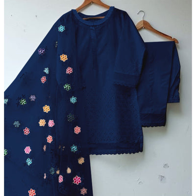STITCHED EMBROIDERED CHIKANKARI COTTON 3 PIECE