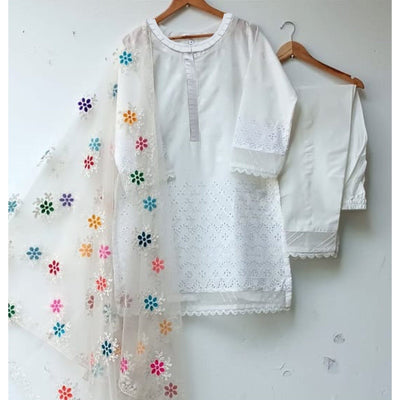 STITCHED EMBROIDERED CHIKANKARI COTTON 3 PIECE