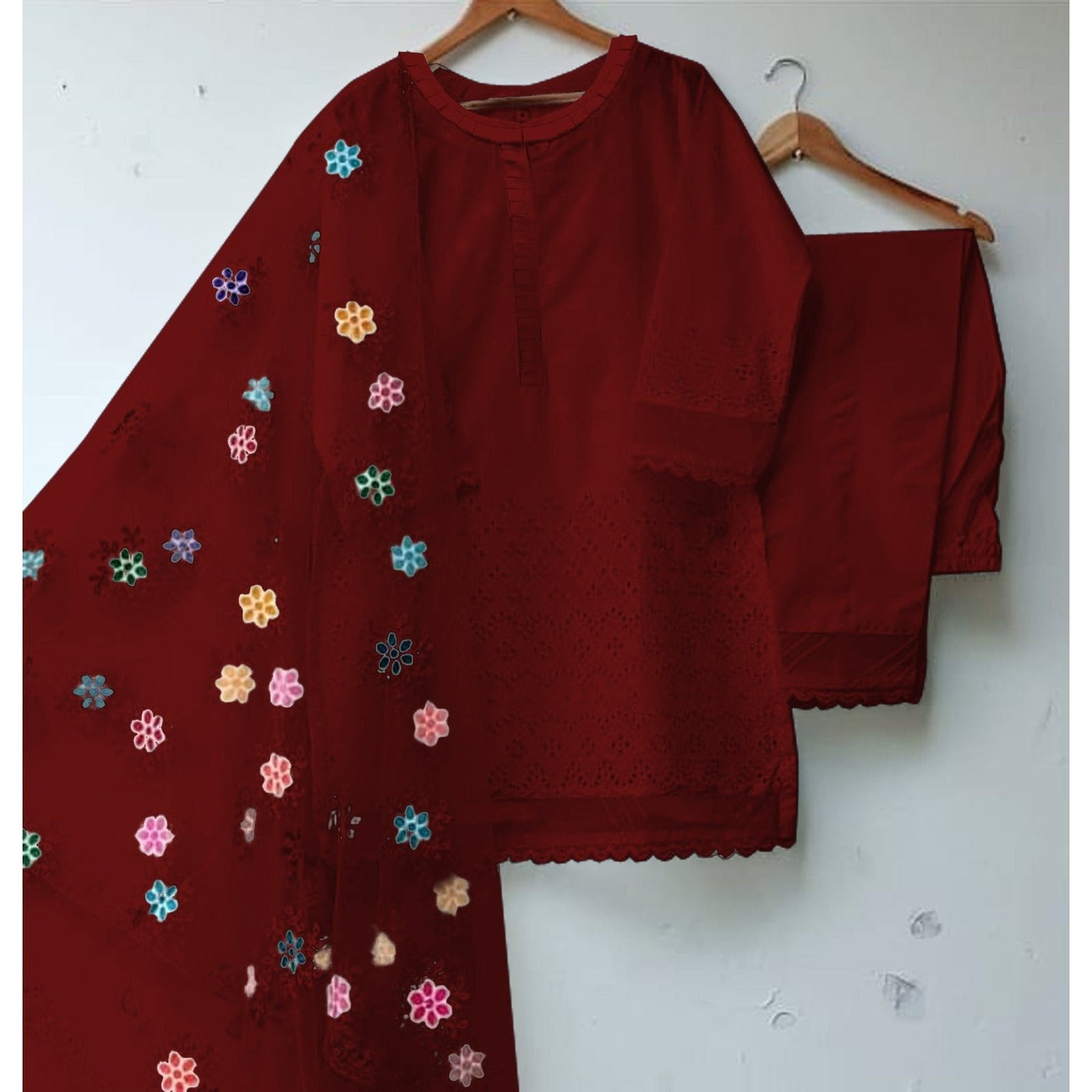STITCHED EMBROIDERED CHIKANKARI COTTON 3 PIECE