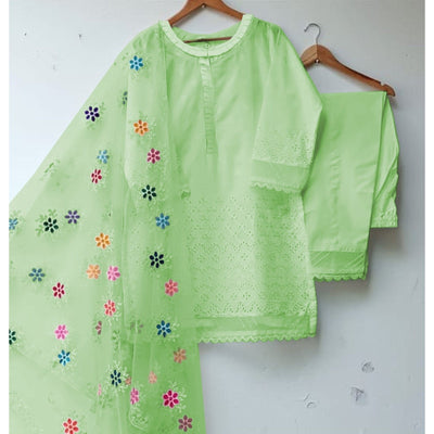 STITCHED EMBROIDERED CHIKANKARI COTTON 3 PIECE