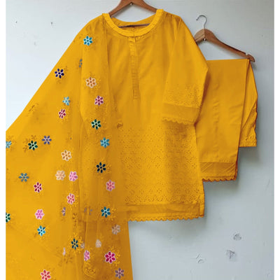 STITCHED EMBROIDERED CHIKANKARI COTTON 3 PIECE