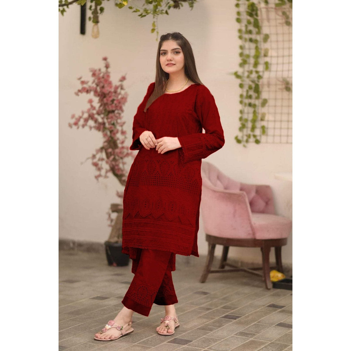 Classic Chikan Kari Two-Piece: Stitch Shirt and Trouser Ensemble