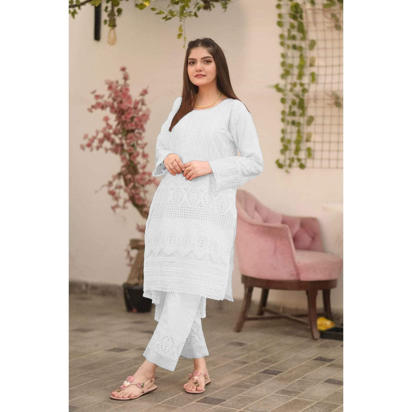 Classic Chikan Kari Two-Piece: Stitch Shirt and Trouser Ensemble