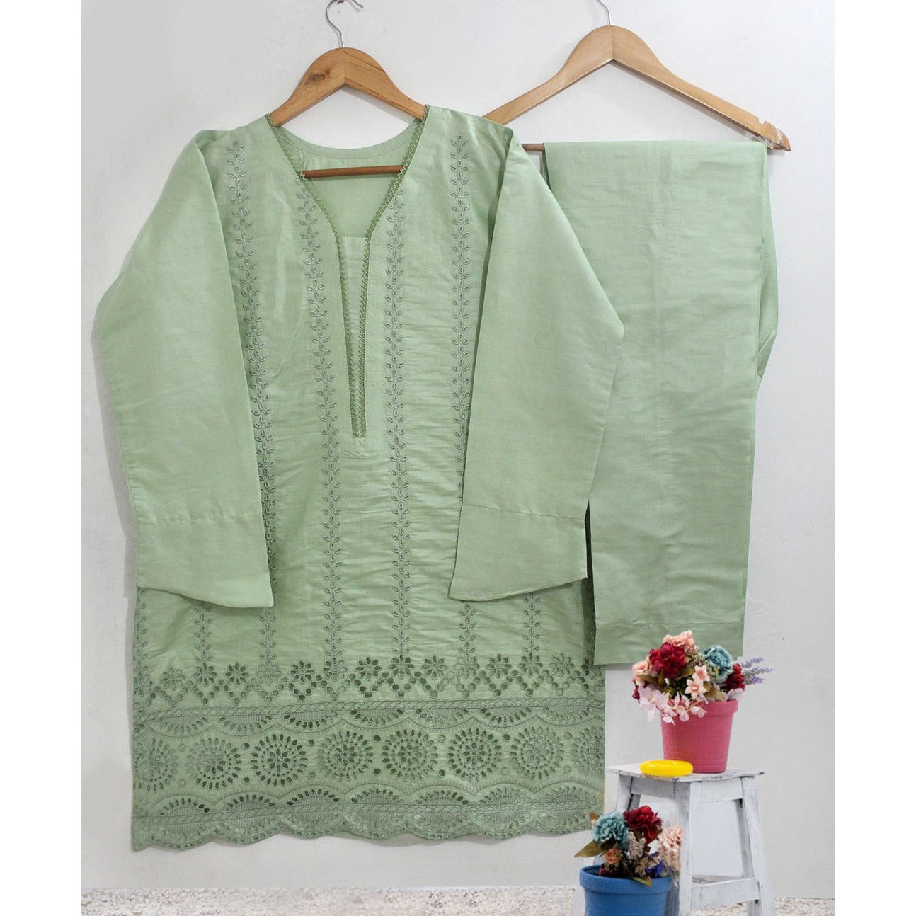 Classic Chikan Kari Two-Piece: Stitch Shirt and Trouser Ensemble