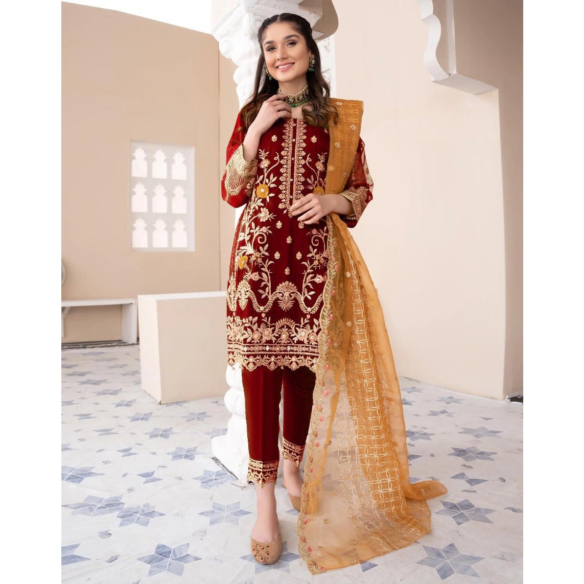 Stitched 3-Piece Embroidered Suit: Shirt, Dupatta, and Trouser Magnificence