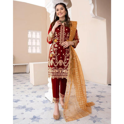Stitched 3-Piece Embroidered Suit: Shirt, Dupatta, and Trouser Magnificence