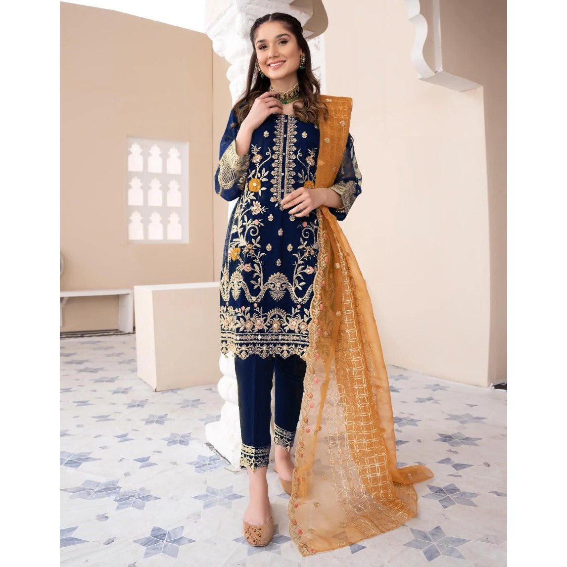 Stitched 3-Piece Embroidered Suit: Shirt, Dupatta, and Trouser Magnificence