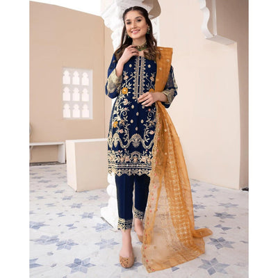 Stitched 3-Piece Embroidered Suit: Shirt, Dupatta, and Trouser Magnificence