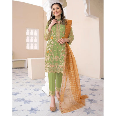 Stitched 3-Piece Embroidered Suit: Shirt, Dupatta, and Trouser Magnificence