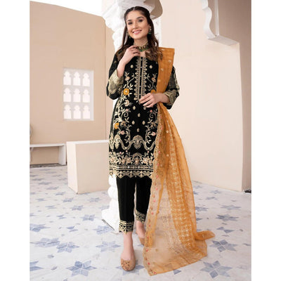 Stitched 3-Piece Embroidered Suit: Shirt, Dupatta, and Trouser Magnificence