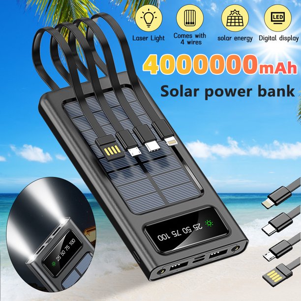 Solar Power Bank Portable Charger Battery pack 10000mAh | Fast Charging Embedded 4 Cables for iPhone Samsung iPad Moto